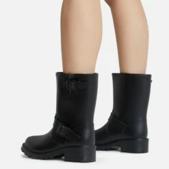 EGO Senorita Buckle Detail Chunky Sole Ankle Wellington Biker Boot In Black Rubber -EGO Sales Store sendrita 8055