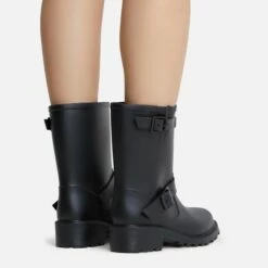 EGO Senorita Buckle Detail Chunky Sole Ankle Wellington Biker Boot In Black Rubber -EGO Sales Store sendrita 8056