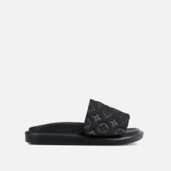 EGO It's-A-Vibe Embossed Velcro Strap Flat Slider Sandal In Black Lycra -EGO Sales Store sgg007 7569