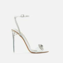 EGO Sugar-Coated Diamante Bow Detail Square Toe Clear Perspex Heel In White Faux Leather -EGO Sales Store sugar coated white
