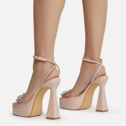 EGO Sugar-Fire Diamante Bow Perspex Strap Square Toe Platform Flared Block Heel In Nude Patent -EGO Sales Store sugarfire 0631 copy