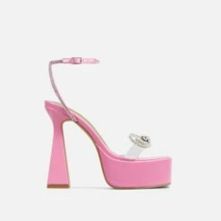 EGO Sugar-Fire Diamante Bow Perspex Strap Square Toe Platform Flared Block Heel In Pink Patent