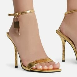 EGO Sunak Padlock Detail Square Toe Stiletto Heel In Gold Croc Print Faux Leather -EGO Sales Store sunak 8066