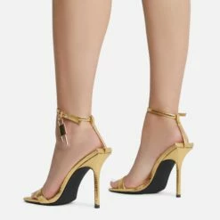 EGO Sunak Padlock Detail Square Toe Stiletto Heel In Gold Croc Print Faux Leather -EGO Sales Store sunak 8067