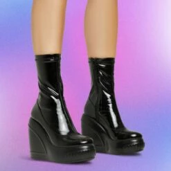 EGO Super-Nova Platform Wedge Ankle Sock Boot In Black Patent