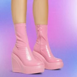 EGO Super-Nova Platform Wedge Ankle Sock Boot In Pink Patent