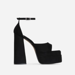 EGO That-Extra Peep Toe Platform Block Heel In Black Faux Suede