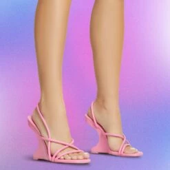 EGO Thriller Strappy Detail Square Toe Sling Back Cut Out Wedge Heel In Pink Faux Leather