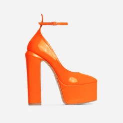 EGO Violet Ankle Strap Closed Toe Statement Platform Block Heel In Orange Patent