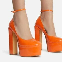 EGO Violet Ankle Strap Closed Toe Statement Platform Block Heel In Orange Patent -EGO Sales Store violet 10691 copy