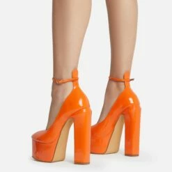 EGO Violet Ankle Strap Closed Toe Statement Platform Block Heel In Orange Patent -EGO Sales Store violet 10692 copy