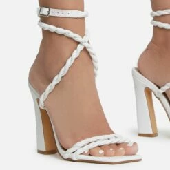 EGO Visalia Double Twisted Strap Detail Square Toe Flared Block Heel In White Faux Leather -EGO Sales Store visalia 7778