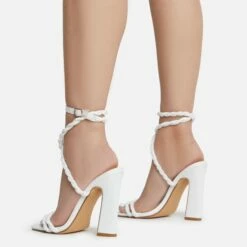 EGO Visalia Double Twisted Strap Detail Square Toe Flared Block Heel In White Faux Leather -EGO Sales Store visalia 7779
