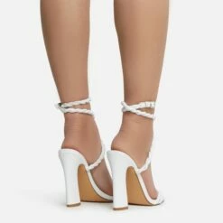 EGO Visalia Double Twisted Strap Detail Square Toe Flared Block Heel In White Faux Leather -EGO Sales Store visalia 7780
