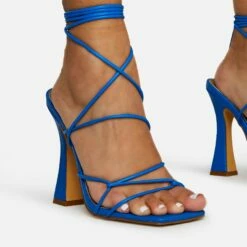 EGO Waves Lace Up Strappy Square Toe Flared Block Heel In Blue Croc Print Faux Leather -EGO Sales Store waves blue 2