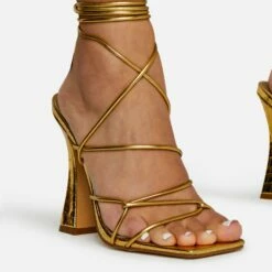 EGO Waves Lace Up Strappy Square Toe Flared Block Heel In Gold Croc Print Faux Leather -EGO Sales Store waves gold 2