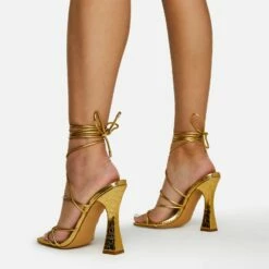 EGO Waves Lace Up Strappy Square Toe Flared Block Heel In Gold Croc Print Faux Leather -EGO Sales Store waves gold 3