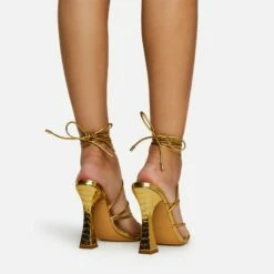 EGO Waves Lace Up Strappy Square Toe Flared Block Heel In Gold Croc Print Faux Leather -EGO Sales Store waves gold 4