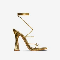 EGO Waves Lace Up Strappy Square Toe Flared Block Heel In Gold Croc Print Faux Leather